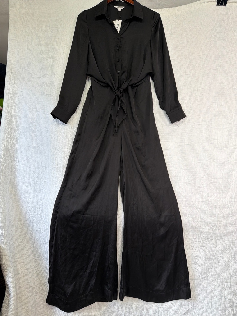 Steve Madden Jumpsuit Women Small Black Collared Long Sleeve Satin Flare Leg New